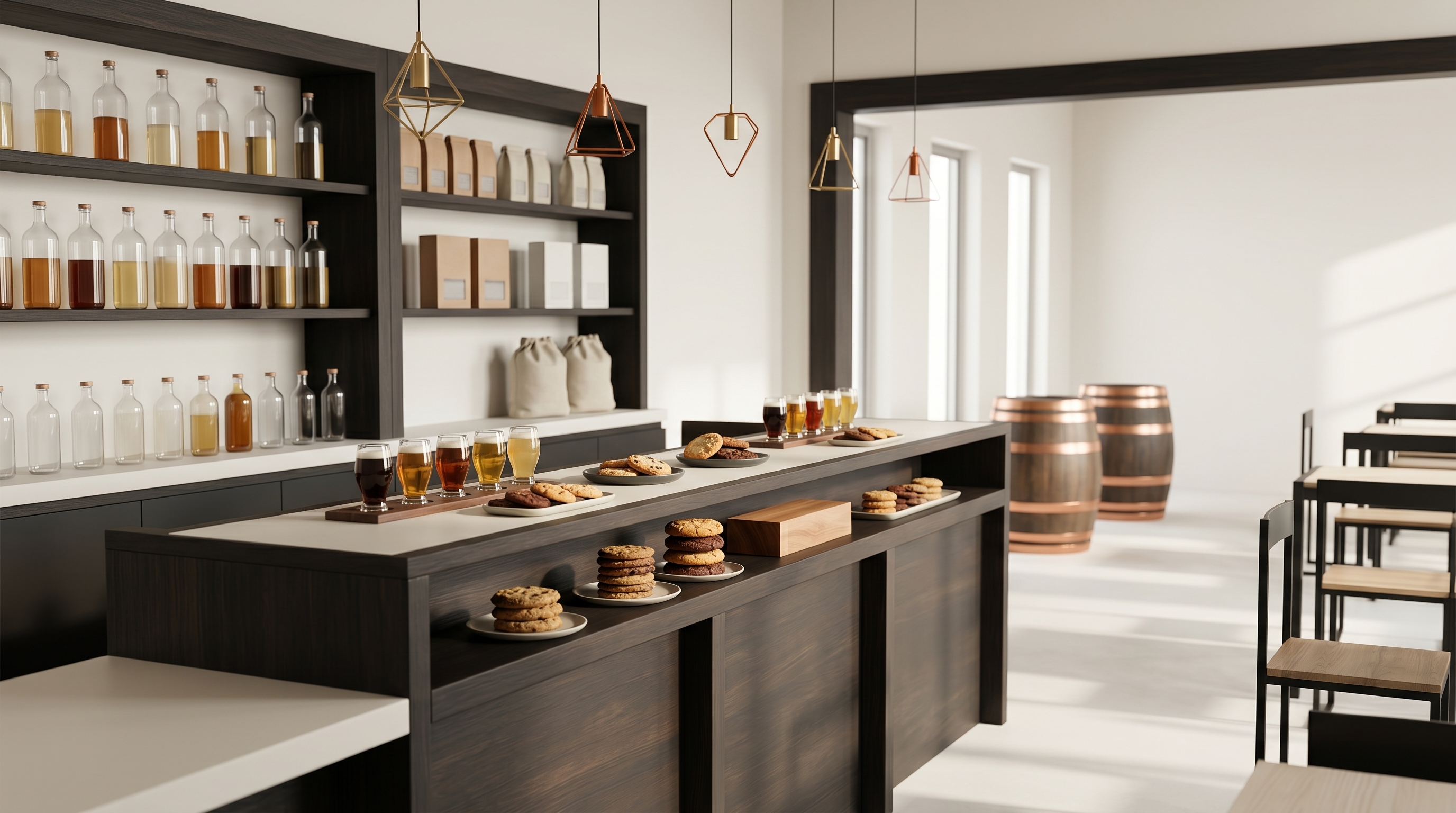 Editorial wide-angle interior of a small-batch tasting room with a clean wooden bar, glassware, and barrels softly out of focus, lit by warm directional daylight.