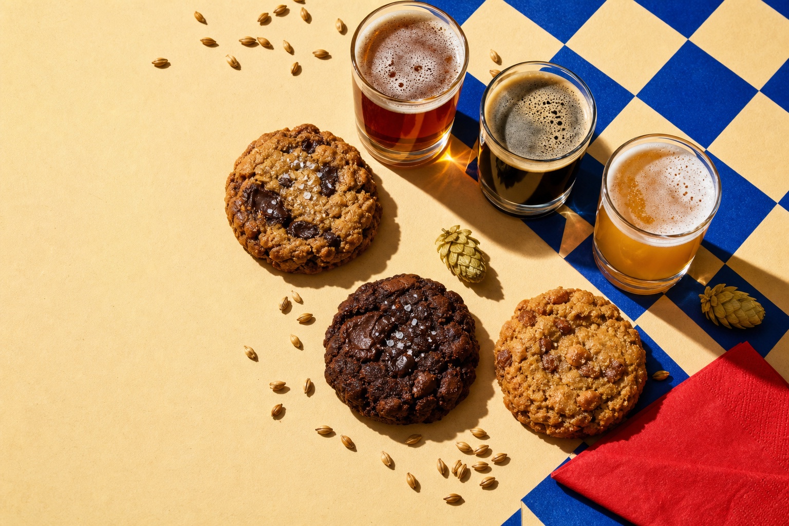 A colorful overhead concept image with three rustic cookies, three small craft beer tasting glasses, malt grains, hops, and a red napkin on a cobalt checkered cloth.